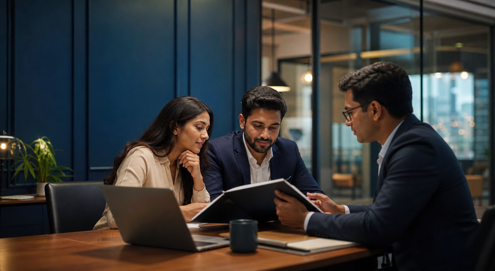 Indian founders reviewing business documents with a professional advisor